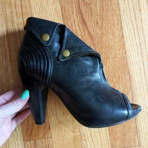 [SOLD] Miz Mooz Black Butter Soft Leather Skull Zip Biker Peep Toe Cuffed Bootie